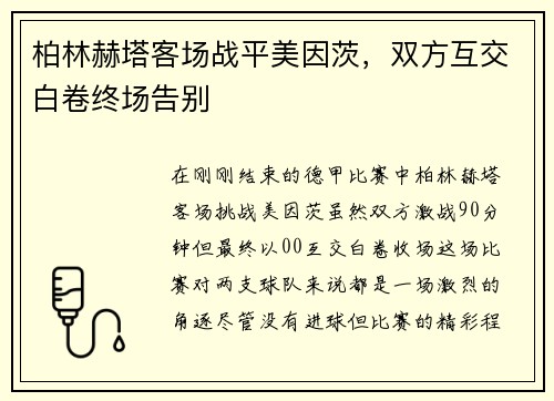 柏林赫塔客场战平美因茨，双方互交白卷终场告别