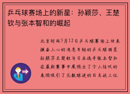 乒乓球赛场上的新星：孙颖莎、王楚钦与张本智和的崛起